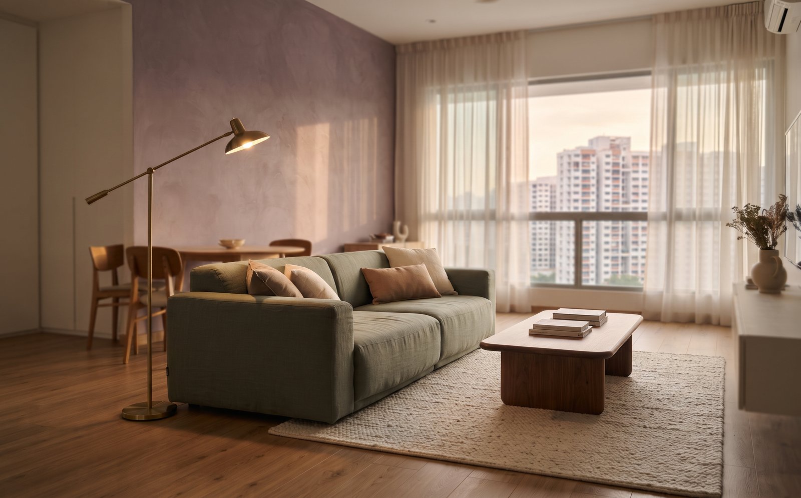 Condo living room, styled